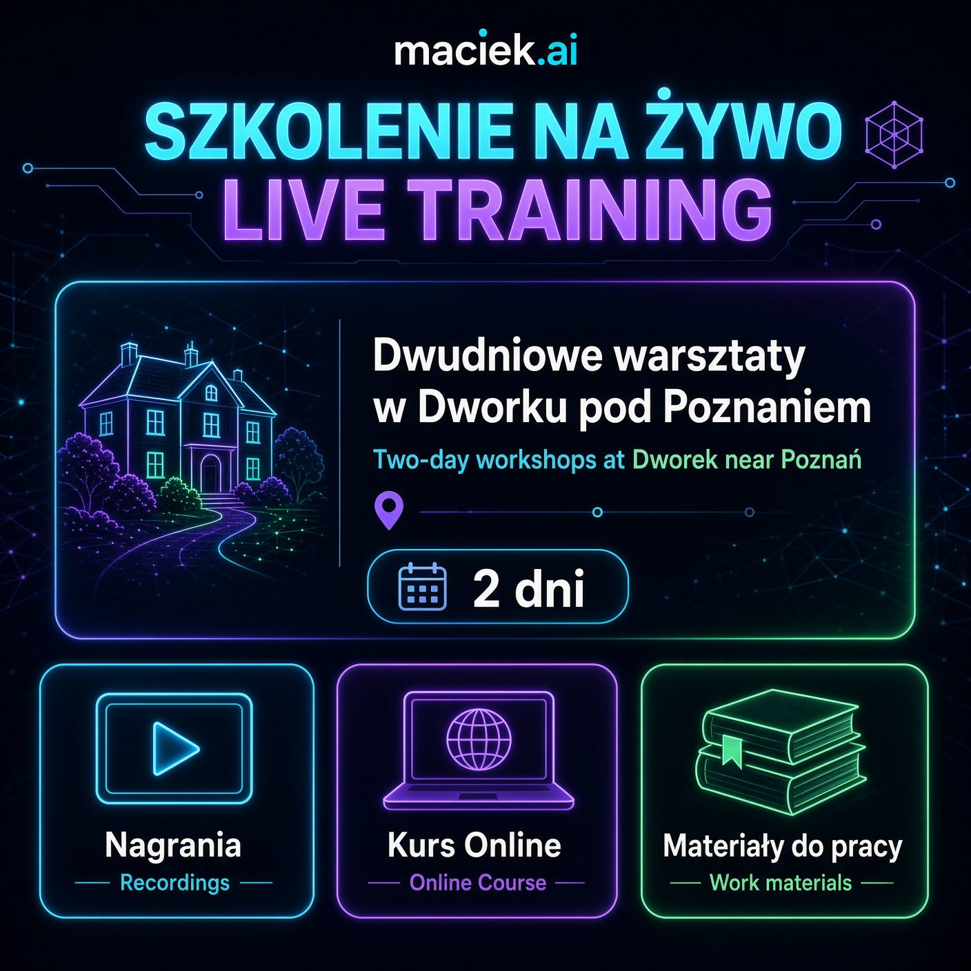 Szkolenie na żywo. Dwudniowe warsztaty w Dworku pod Poznaniem.
